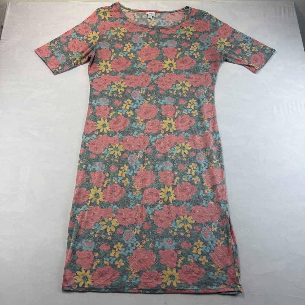 LuLaRoe T-Shirt Dress Womens 2XL Gray Pink Floral Short Sleeve Boho Soft Stretch